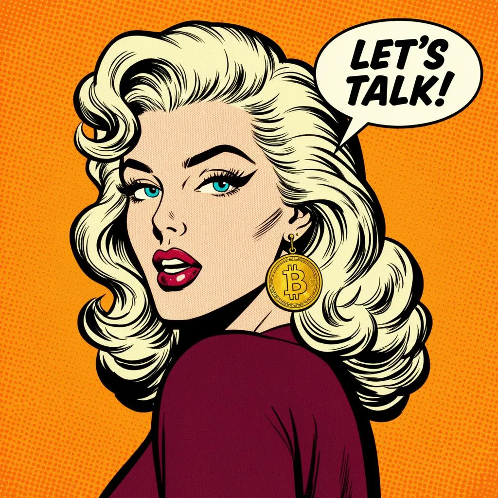 Pop-Art Illustration einer Frau mit Weinglas und Bitcoin